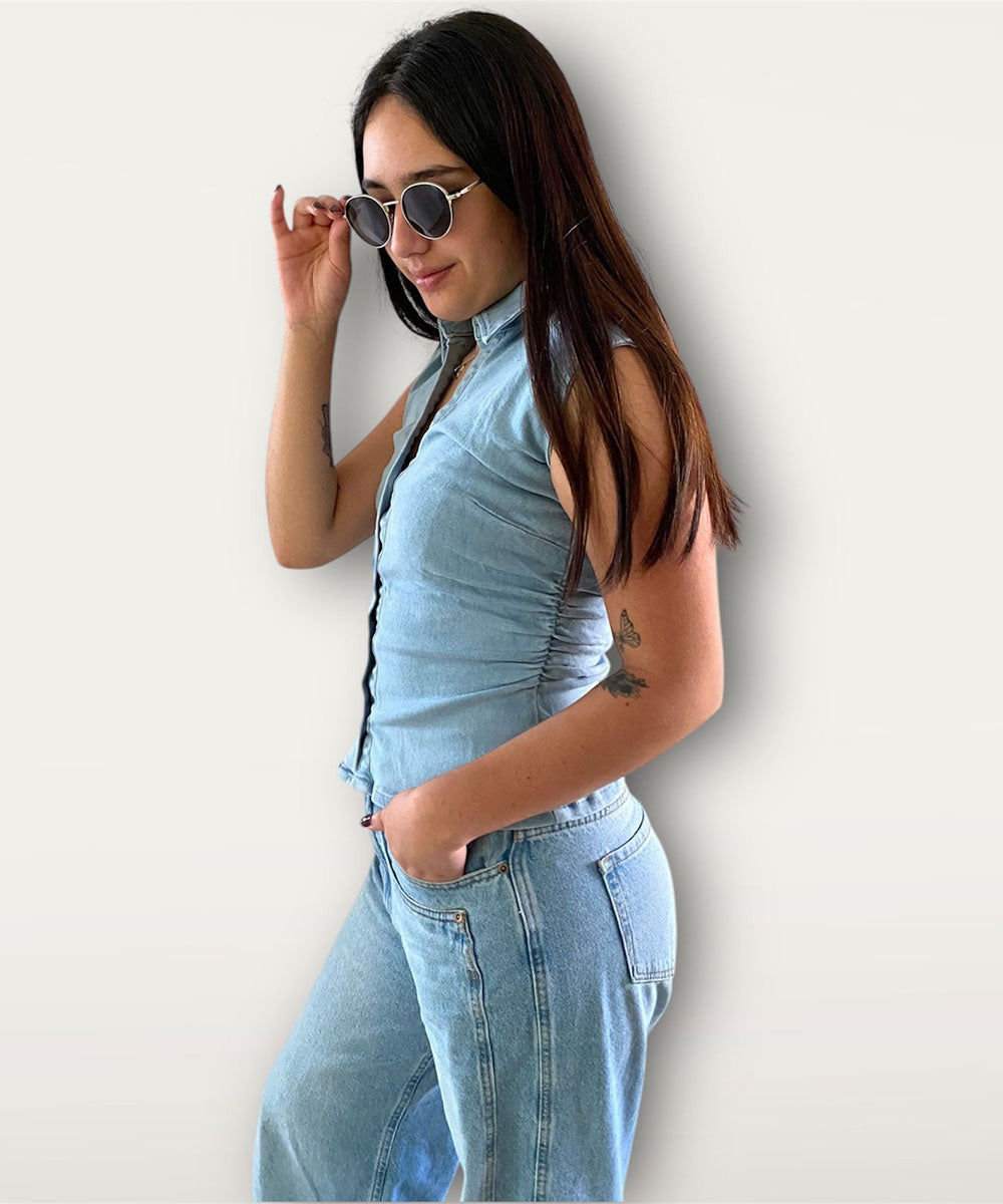 Blusa mezclilla manga corta/botones